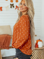 Brun polkaprikket bluse med halv knap V-hals langærmet bluse - Damemode billede 3 - Miniatuur