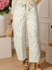 Beige Grommet Knot Waist Floral Barrel Leg Jeans - Damesmode Afbeelding 8 - Miniatuur
