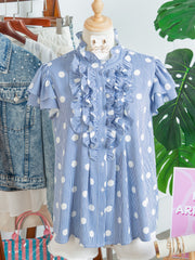 Camisa de manga plissada com folhos com riscas azul celeste, riscas contrastadas e bolinhas - Miniatuur