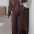 Coffee Solid Color Piping Trim Mock Neck Pullover Drawstring Pants Set - Foto 1