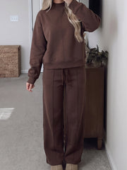 Kaffe Solid Color Piping Trim mock neck pullover med dragsko och byxor - Miniatuur