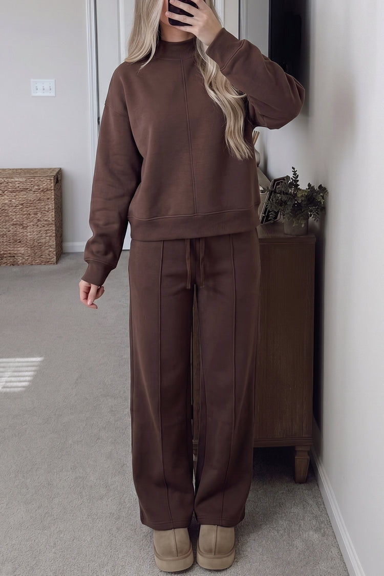 Coffee Solid Color Piping Trim Mock Neck Pullover Drawstring Pants Set - Damesmode