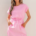 Bonbon Cuffed Short Sleeve Mix Fabric Patchwork Drawstring Mini Dress - Damesmode Afbeelding 1 - Foto 1