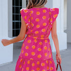 Rose Double Polka Dot V Neck Ruffled Short Sleeve Dress - Thumbnail