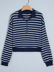 Blauw Stripe Textured Gebreid Half Zip Collared met Lange Mouwen Top - Miniatuur