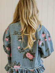 Sky Blue Floral Print Raw Seam Ruffle Hem Denim Jacket - Miniatuur