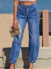 Jeans décontractés décontractés amples à 4 boutons bleus bleus à 4 boutons - Image mode féminine 1 - Miniatuur