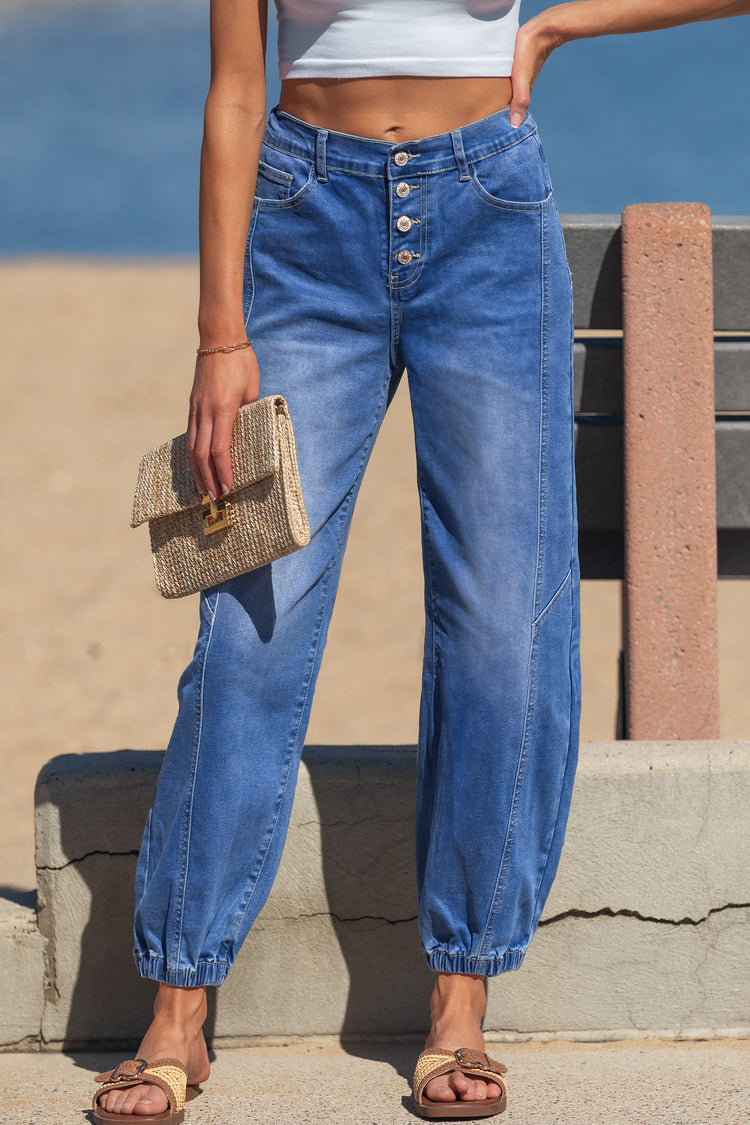 Blue 4 Buttons Front Tapered Casual Loose Fit Jeans - Damesmode Afbeelding 1 - Damesmode
