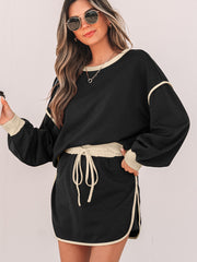 Schwarzer Farbkontrast Locker Pullover und Schnür-Taillen-Skort-Set – Damesmode Afbeelding 3 - Miniatuur