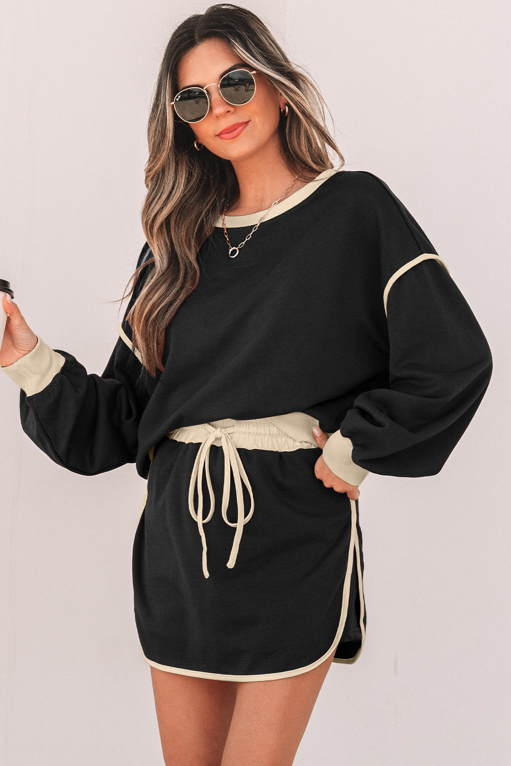 Schwarzer Farbkontrast Locker Pullover und Schnür-Taillen-Skort-Set – Damesmode Afbeelding 3