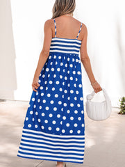 Abito Maxi a Ricette Blu a Pois a Mani Alte, Spalline Spalmante - Damesmode Afbeelding 2 - Miniatuur