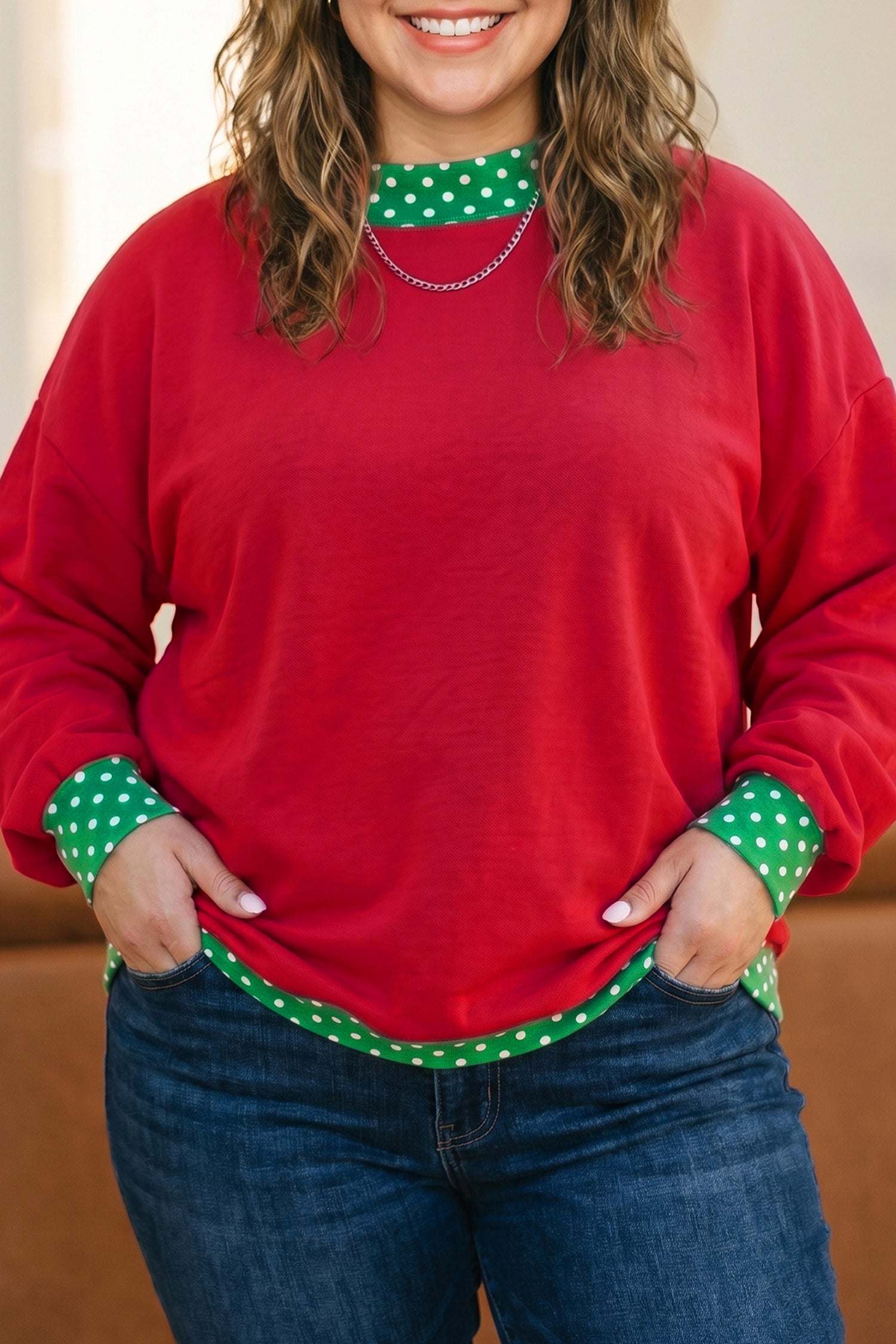 Sweat-shirt grande taille à pois bleu sale à pois patchwork à col rond