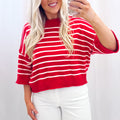 Maglione rilassato a maglie a righe rosse con spalla abbassata e a manga mezza - Foto 4