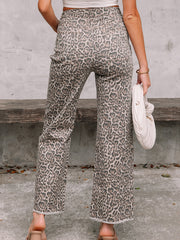 Brown Leopard Frayed Edge Wide Leg High Waist Jeans - Damesmode Afbeelding 2 - Miniatuur