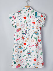 White Western Print Flutter Sleeve Button Down Mini Dress - Miniatuur