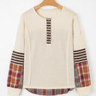 Strohgelber Waffelstreifen-Karo-Patchwork-Henley-Strickoberteil - Thumbnail