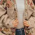 Khaki Floral Waffle Knit Patchwork Brusttaschen, geknöpfte Jacke - Foto 1