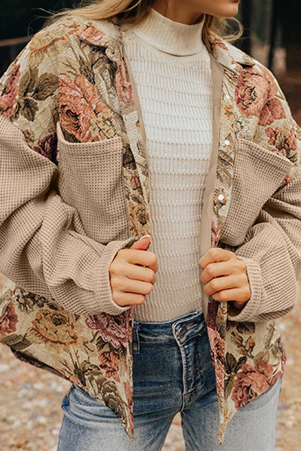 Khaki Floral Waffle Knit Patchwork Brusttaschen, geknöpfte Jacke