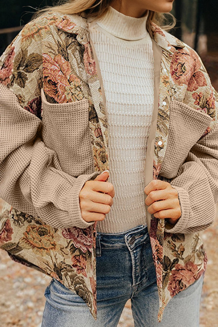 Khaki Floral Waffle Knit Patchwork Brusttaschen, geknöpfte Jacke - Damesmode