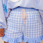 Sky Blue Gingham Print Ruffle Striped Detail Lace Tie Shorts