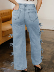 Nodo a fiocco bianco Dettaglio laterale Pantaloni dritti a gamba dritta Pantaloni larghi - Miniatuur