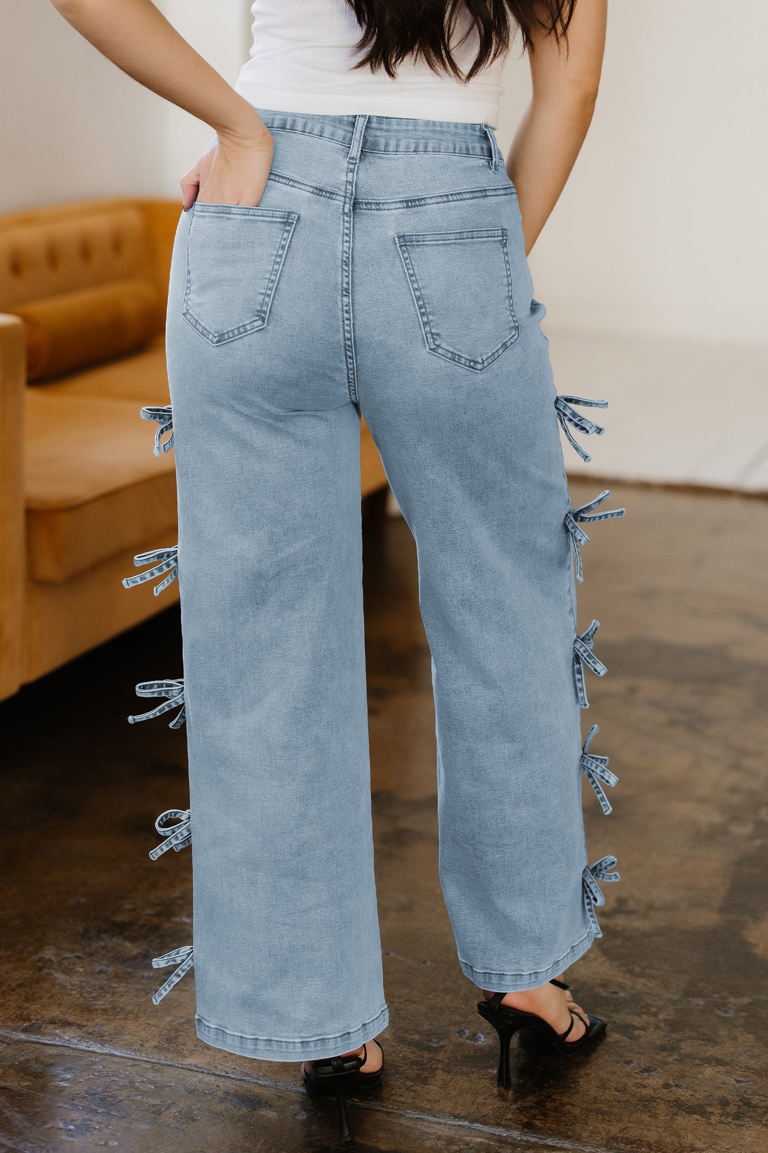 Hvid sløjfeknude sidedetalje Lige ben Løse jeans