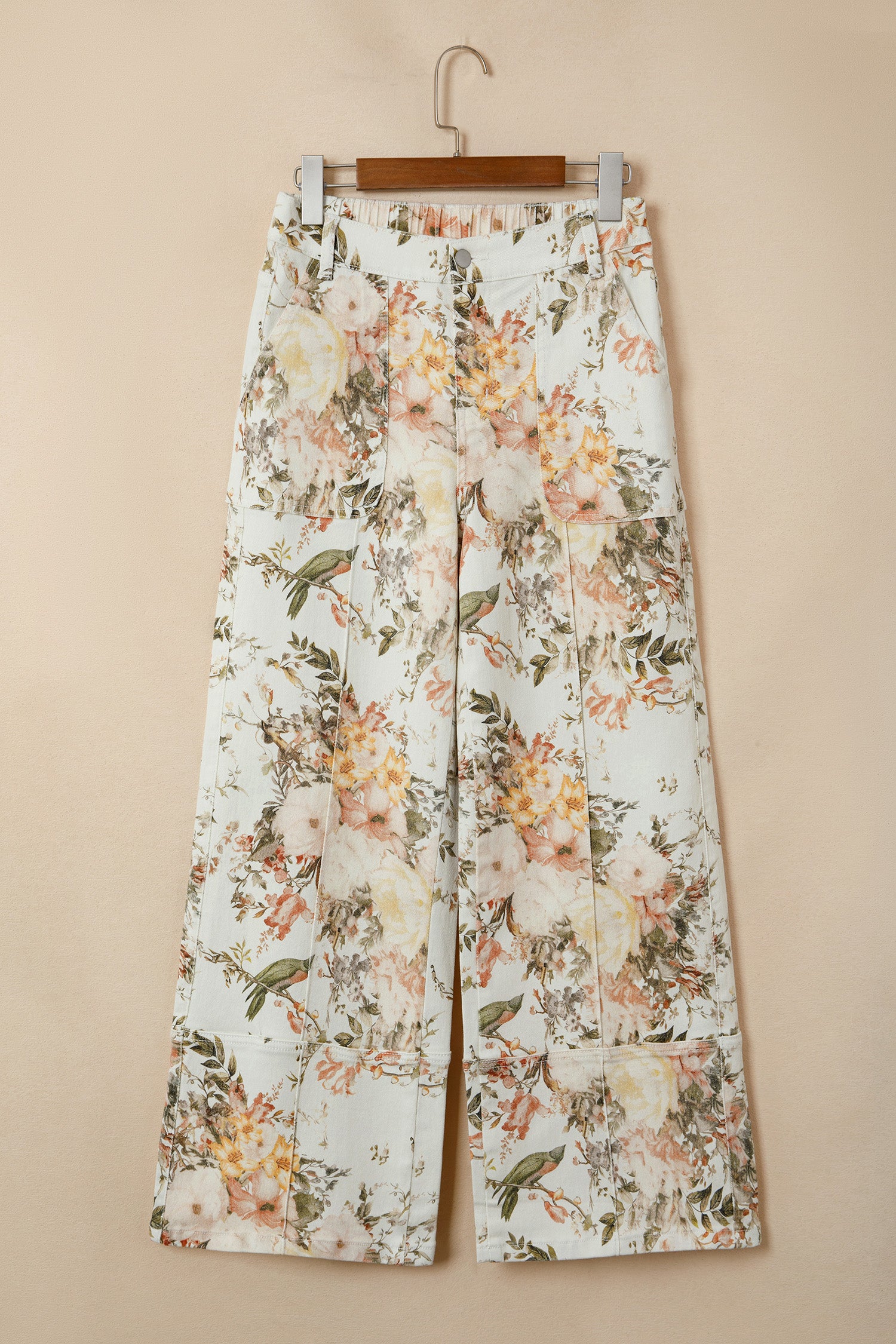 Beige Vintage Style Floral Print High Waist Wide Leg Jeans - Damesmode Afbeelding 3
