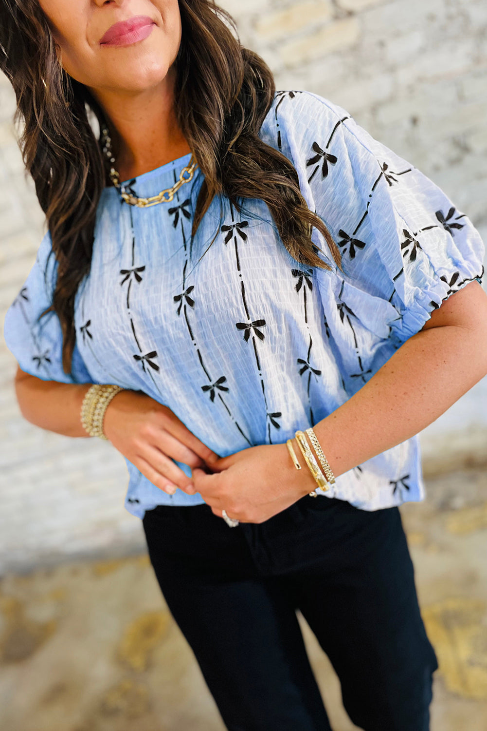 Beige Bow Print Puff Short Sleeve Top - Damesmode Afbeelding 7