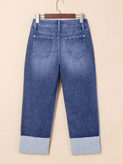 Echte türkisfarbene, gefaltete Manschetten, gerade, hoch taillengeschnittene Jeans - Miniatuur