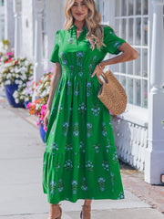 Green Floral Print Split Neck Shirred High Waist Ruffle Hem Maxi Dress - Miniatuur