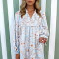 Brown Floral Print Tie Neck 3/4 Sleeve Mini Dress - Damesmode Afbeelding 6 - Foto 6