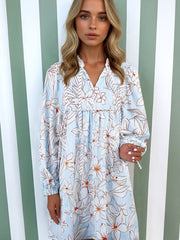 Brown Floral Print Tie Neck 3/4 Sleeve Mini Dress - Damesmode Afbeelding 6 - Miniatuur