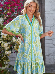 Sky Blue Botanical Floral Print Frilled Trim V Neck Button Front Loose Dress - Miniatuur