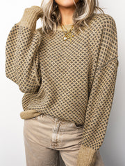 Maglione a maniche lunghe con stampa geometrica cachi, spalle a scollo rotondo e scollo a scena - Miniatuur
