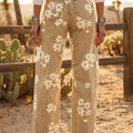 Khaki Floral Print Metal Button Pleated Straight Leg Jeans - Foto 2