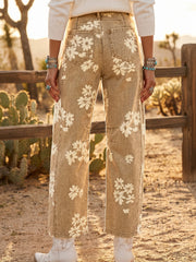 Khaki Floral Print Metal Button Pleated Straight Leg Jeans - Miniatuur