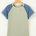 Laurel Green Waffle Knit Seam Detail Color Block Patchwork Short Sleeve Top - Foto 3