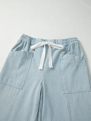 Sky Blue Stripe Mid Rise Drawstring Waist Jeans - Miniatuur