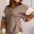 Brauner Streifenkragen V-Ausschnitt Farbblock-Detail: Langärmeliger Pullover-Top - Foto 5
