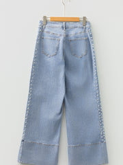 Beau Blue Mid Rise Pearl Embellished Split Wide Leg Jeans - Damesmode Afbeelding 8 - Miniatuur