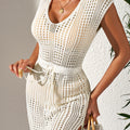 Beige Open Knit Drawstring Waist Beach Dress - Damesmode Afbeelding 1 - Foto 1