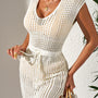 Beige Open Knit with Drawstring Waist Beach Dress
