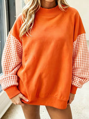 Russet Orange Plaid Sleeve Colorblock Loose Tunic Sweatshirt - Miniatuur
