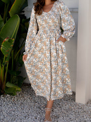 Khaki Maple Grove Floral Smocked Puff Sleeve Long Dress - Miniatuur