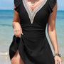 Zwart Ruffled met Korte Mouwen met Kant Trim V Neck One Piece Swim Jurk