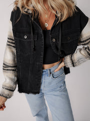 Black Plaid Sleeve Frayed Hem Hooded Denim Jacket - Damesmode Afbeelding 5 - Miniatuur