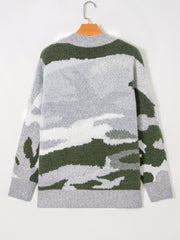 Cardigan delantero de botón en V con escote en el cuello camuflaje verde - Miniatuur