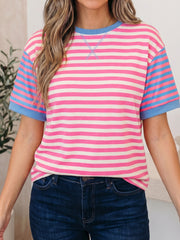Pink Stripe Contrast Patchwork Short Sleeve Loose Tee - Miniatuur