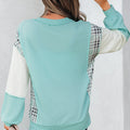 Aruba Blue Corded Texture Colorblock Patchwork Split Neck Long Sleeve Top - Damesmode Afbeelding 2 - Foto 2