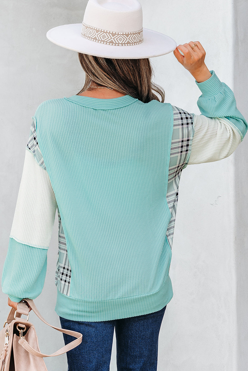 Aruba Blue Corded Texture Colorblock Patchwork Split Neck Long Sleeve Top - Damesmode Afbeelding 2